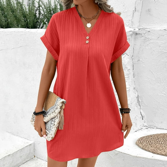 Karight Womens Summer Dresses Short Rolled Sleeve Pleated Button Down V Neck Casual Beach Shift Sundresses with Pockets
