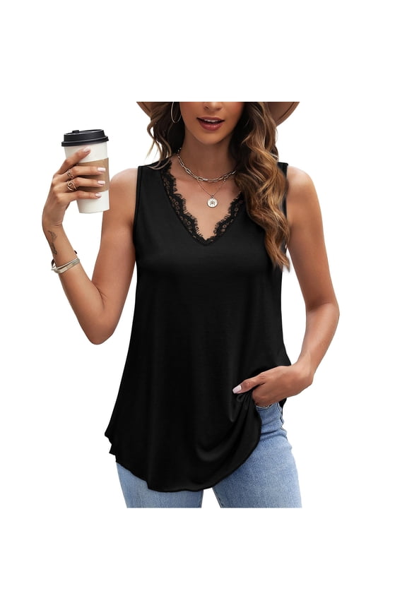 Womens Summer Tank Tops Loose Fit Lace V Neck Sleeveless Tops Shirts Dressy Casual Flowy