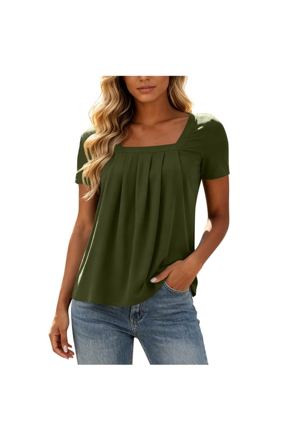 Womens Summer Tops Square Neck Tunic Shirts Hide Belly Fat Twist Front Dressy Blouses Loose Fit Vacation Outfits