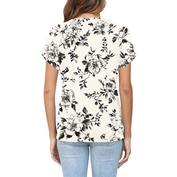 Karight Womens Summer Tshirts Short Rolled Sleeve Pleated Button Down V Neck Casual Dressy Summer Top Business Work Blouses Shirts