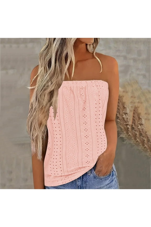 Womens Summer Tube Tops Casual Strapless Eyelet Bandeau Tanks Cute Off Shoulder Tunic Shirts Flowy Vacation Blouses