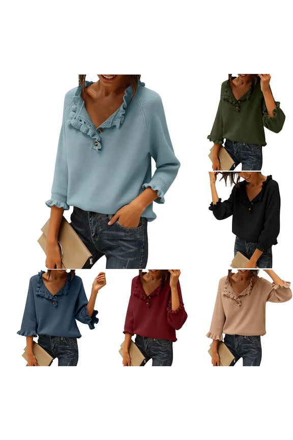 Womens Sweaters Fall Winter Clothes Long Sleeve Button Down Ruffle Crew Neck Casual Knitted Pullover Tops