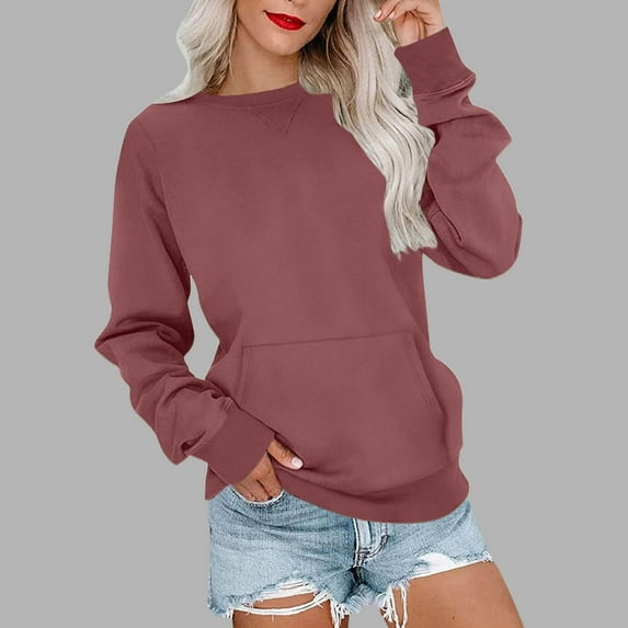 Karight Womens Sweatshirts Casual Crew Neck Long Sleeve Basic Tunic Pullovers Versatile Solid Color Loose Fit Tops with Pockets