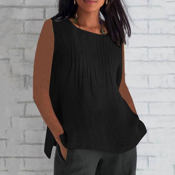 Karight Womens Tank Tops Crewneck Pleated Tunic 2025 Casual Summer Spring Fashion Flowy Sleeveless Shirts