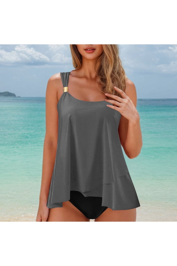 Womens Tankini Swimsuits 2 Piece Bathing Suit Flowy Ruffle Tankini Tops with Swim Shorts