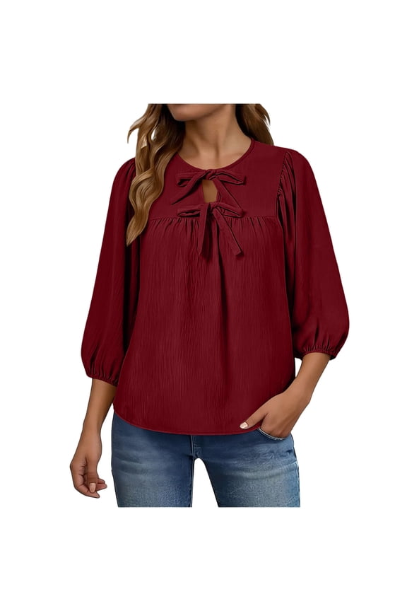 Womens Tie Front Blouse 3/4 Puff Sleeve Round Neck Keyhole Loose Fit Casual Tops