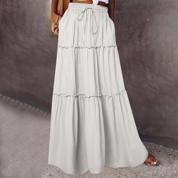 Karight Womens Tiered Maxi Skirt Drawstring Elastic Waist, Ruffle Hem, Flowy Long Skirt with Pockets