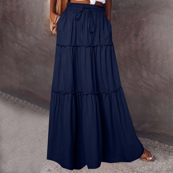 Karight Womens Tiered Maxi Skirt Drawstring Elastic Waist, Ruffle Hem, Flowy Long Skirt with Pockets