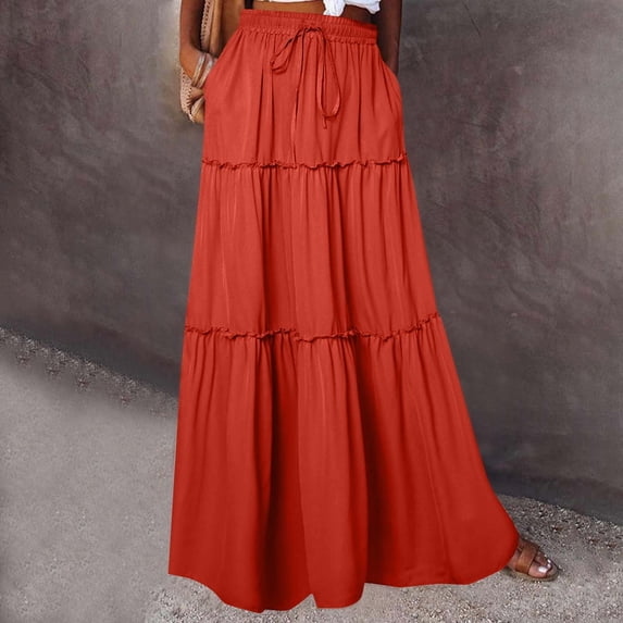 Karight Womens Tiered Maxi Skirt Drawstring Elastic Waist, Ruffle Hem, Flowy Long Skirt with Pockets