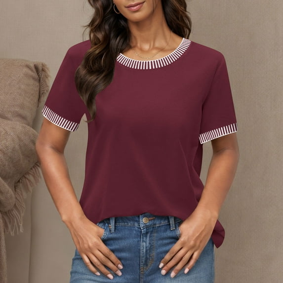 Karight Womens Tops Round Neck Striped Contrast Short Sleeve Lightweight Loose Pullover Tees Shirt for Ladies 2026