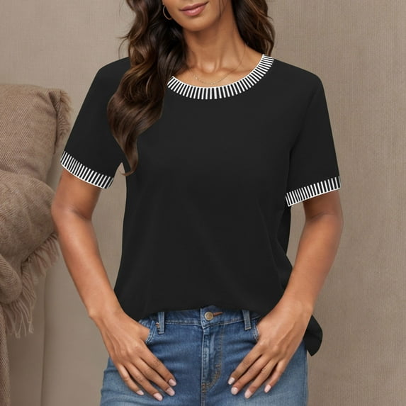 Karight Womens Tops Round Neck Striped Contrast Short Sleeve Lightweight Loose Pullover Tees Shirt for Ladies 2026