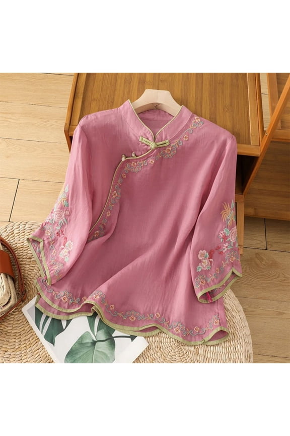 Womens Traditional Chinese Embroidered Blouse, Mandarin Collar Frog Button 3/4 Sleeve Linen Blend Top