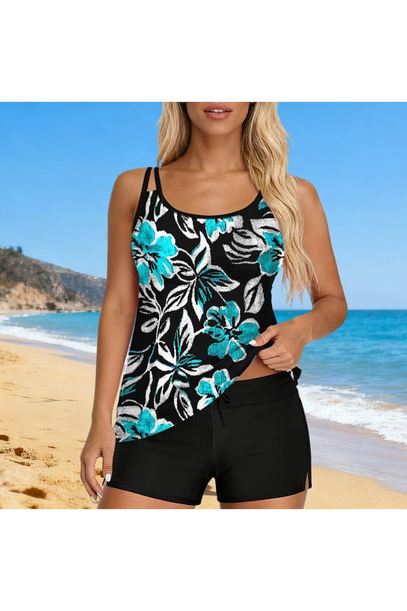 Womens Tropical Print Tankini Swimsuit Two Piece Bathing Suit Double Strap Round Neck Swimwear with Boyshort Bottoms