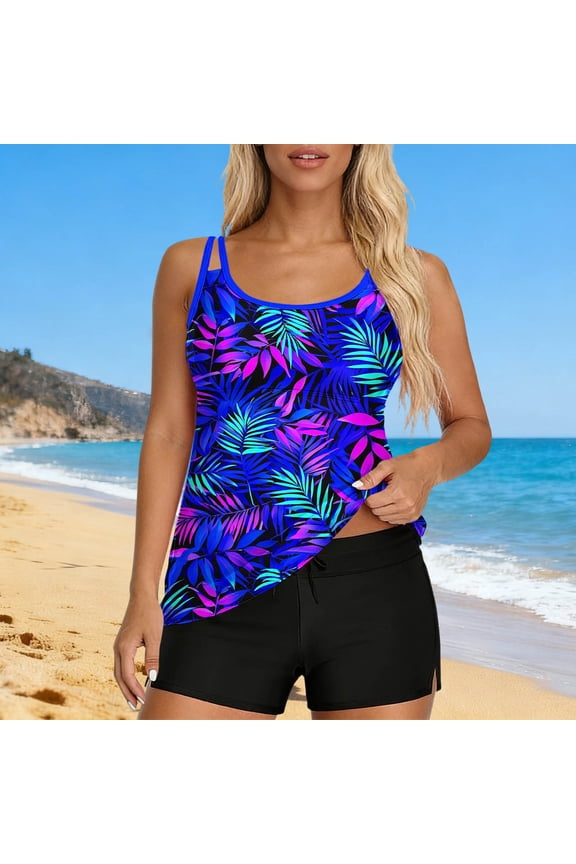 Womens Tropical Print Tankini Swimsuit Two Piece Bathing Suit Double Strap Round Neck Swimwear with Boyshort Bottoms
