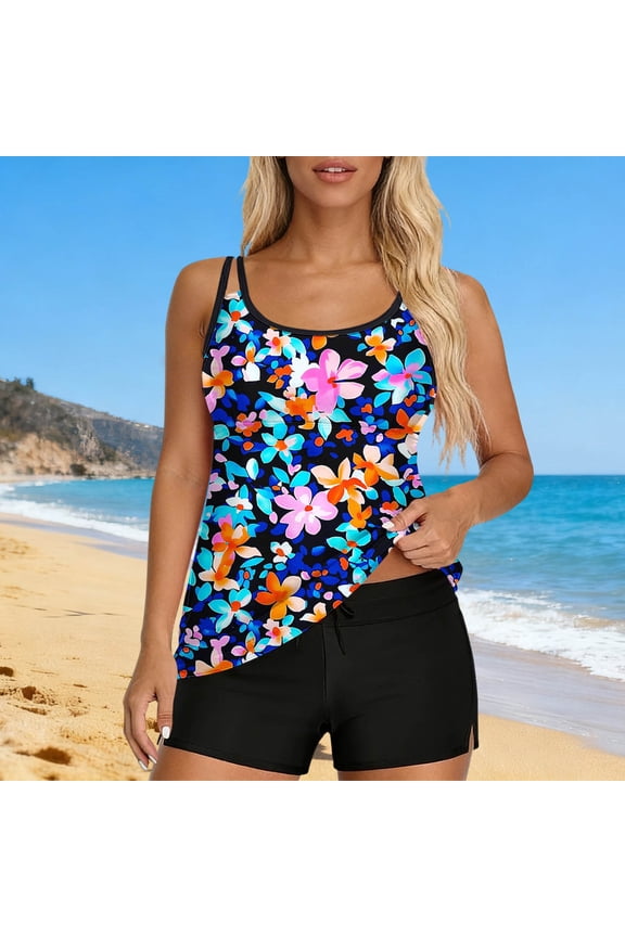 Womens Tropical Print Tankini Swimsuit Two Piece Bathing Suit Double Strap Round Neck Swimwear with Boyshort Bottoms