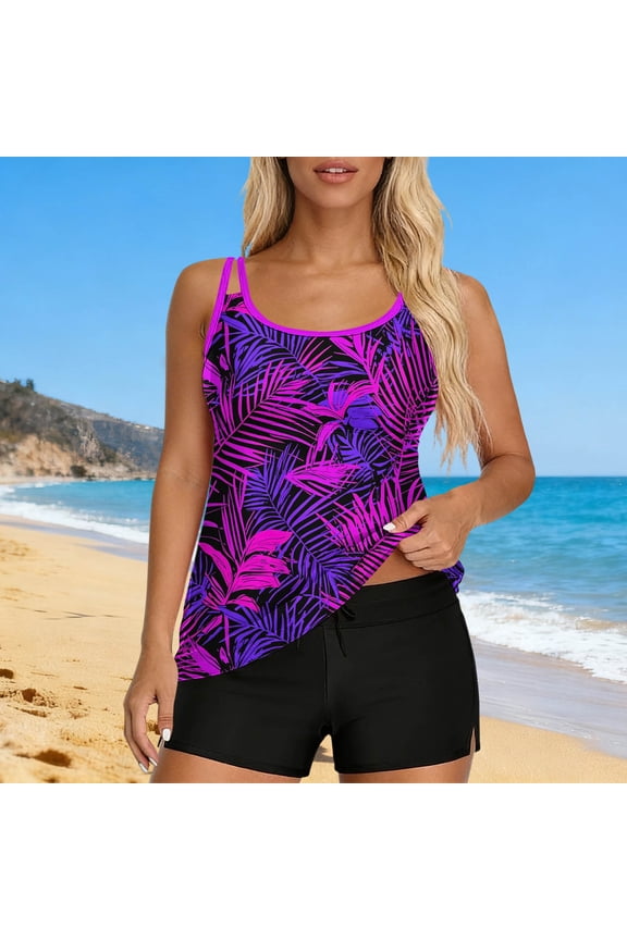 Womens Tropical Print Tankini Swimsuit Two Piece Bathing Suit Double Strap Round Neck Swimwear with Boyshort Bottoms