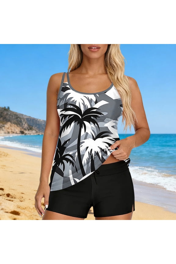 Womens Tropical Print Tankini Swimsuit Two Piece Bathing Suit Double Strap Round Neck Swimwear with Boyshort Bottoms
