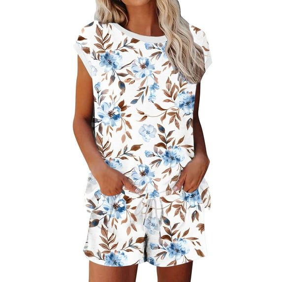 Karight Womens Two Piece Crew Neck Short Sets Cap Sleeve Drawstring Spring Summer Sweatsuit with Pocket Beach Vacation