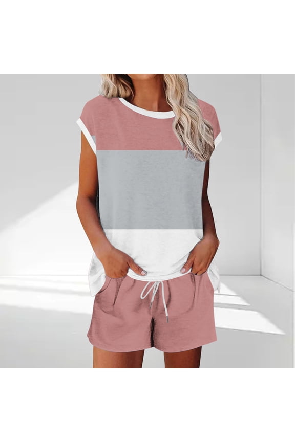 Womens Two Piece Crew Neck Short Sets Cap Sleeve Drawstring Spring Summer Sweatsuit with Pocket Beach Vacation