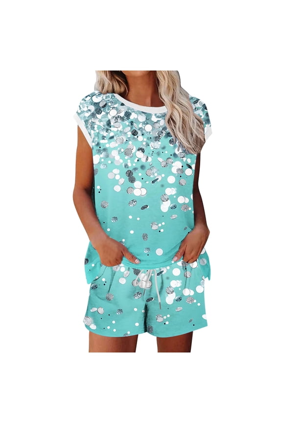Womens Two Piece Crew Neck Short Sets Cap Sleeve Drawstring Spring Summer Sweatsuit with Pocket Beach Vacation