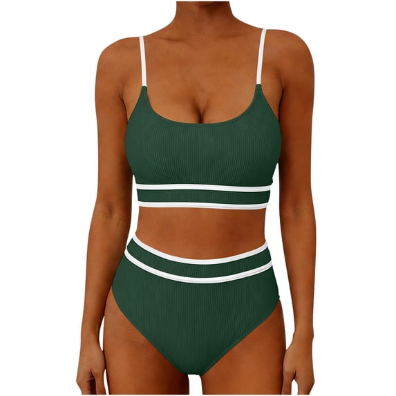 Karight Womens Two Piece Ribbed Bikini Set with Contrast White Trim, High Waisted Bottoms and Spaghetti Strap Top for Beach Pool Swimwear
