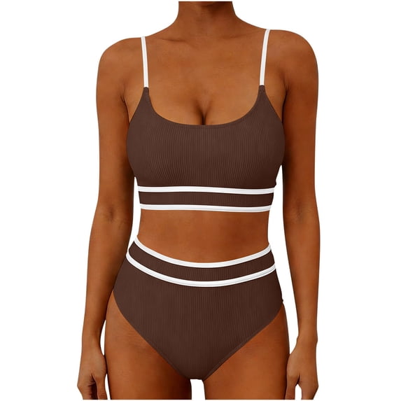 Karight Womens Two Piece Ribbed Bikini Set with Contrast White Trim, High Waisted Bottoms and Spaghetti Strap Top for Beach Pool Swimwear