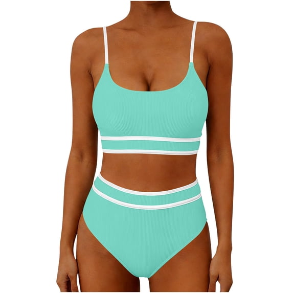 Karight Womens Two Piece Ribbed Bikini Set with Contrast White Trim, High Waisted Bottoms and Spaghetti Strap Top for Beach Pool Swimwear