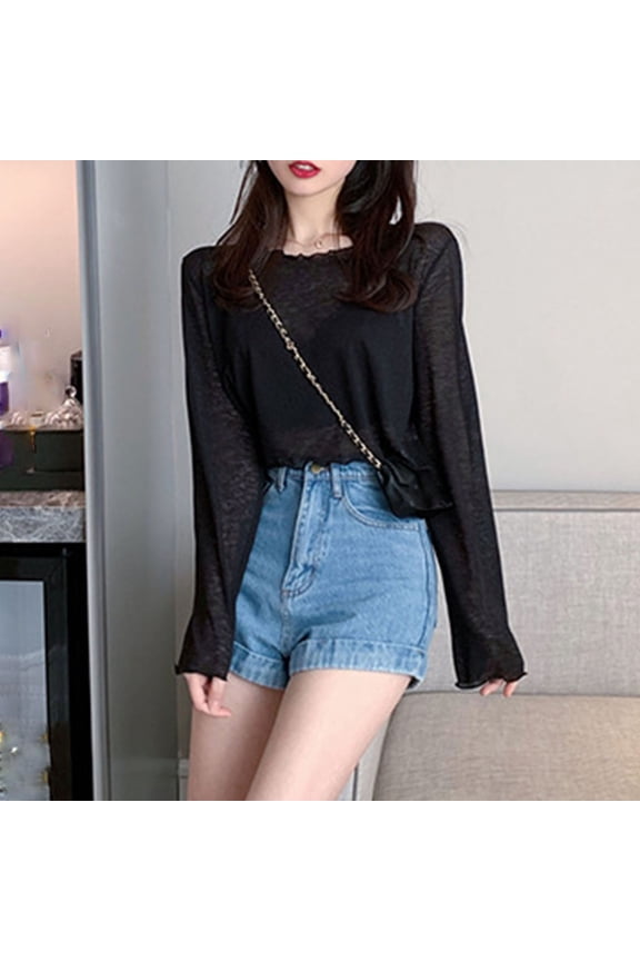 Womens UPF 50+ Sun Protection Long Sleeve Cropped Top Sheer Mesh See Through Lightweight Cover Up Blouse