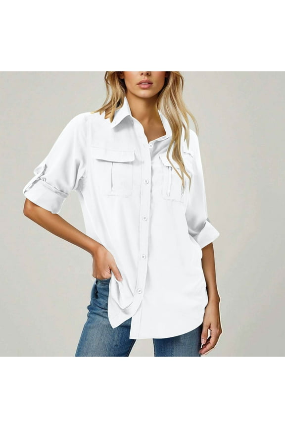 Womens UPF 50+ Sun Protection Roll-Up Sleeve Button Down Shirt with Utility Pockets