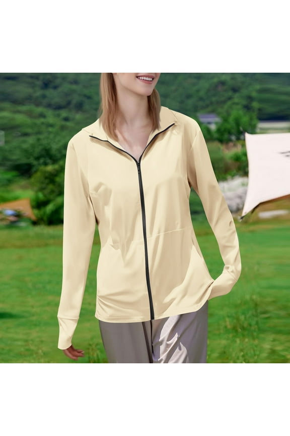 Womens UV Protection Full Zip Athletic Jacket Long Sleeve Stand Collar Lightweight Quick Dry Sun Coat with Thumbholes for Running, Hiking