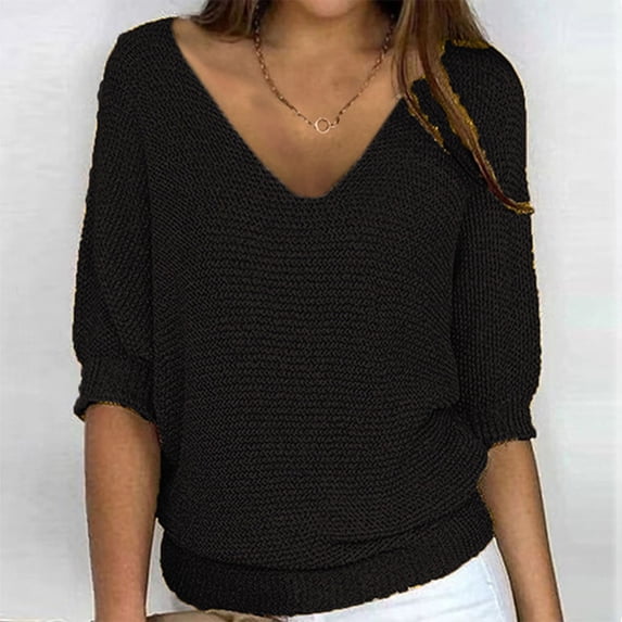 Karight Womens V-Neck Batwing Sleeve Knit Sweater, Loose Fit Dolman Sleeve Pullover with Ribbed Hem