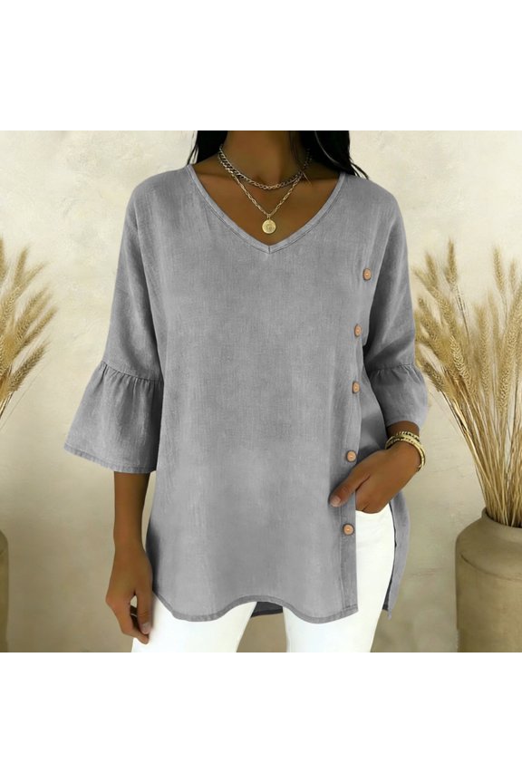Womens V-Neck Bell Sleeve Blouse Button Detail Side Slit Casual Loose Fit Tunic Top