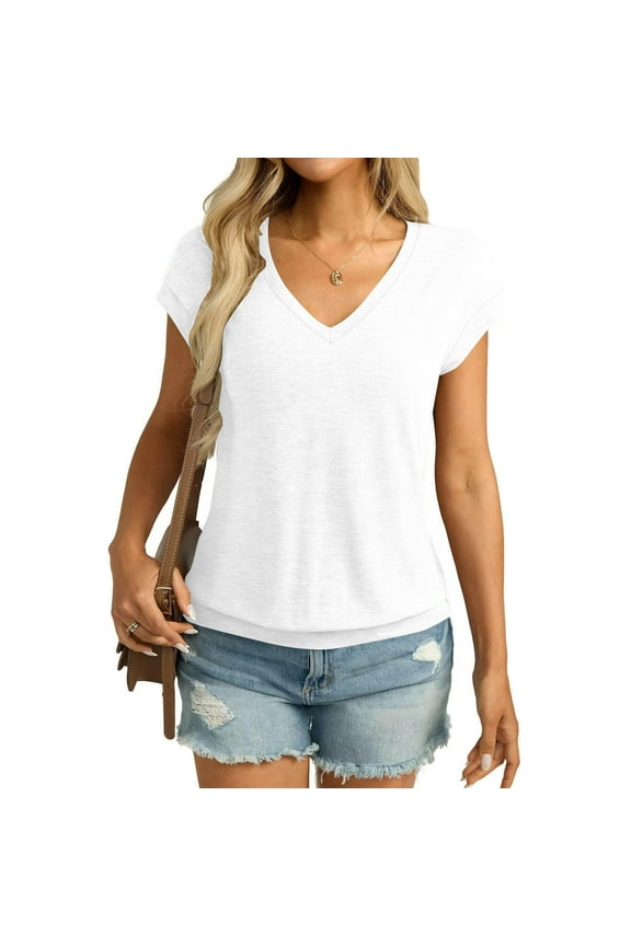 Womens V Neck Cap Sleeve T Shirts Banded Bottom Top Loose Fit Short Sleeves Tee Casual Summer Basic Tops