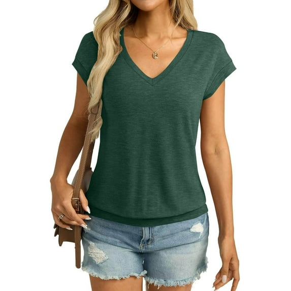 Karight Womens V Neck Cap Sleeve T Shirts Banded Bottom Top Loose Fit Short Sleeves Tee Casual Summer Basic Tops