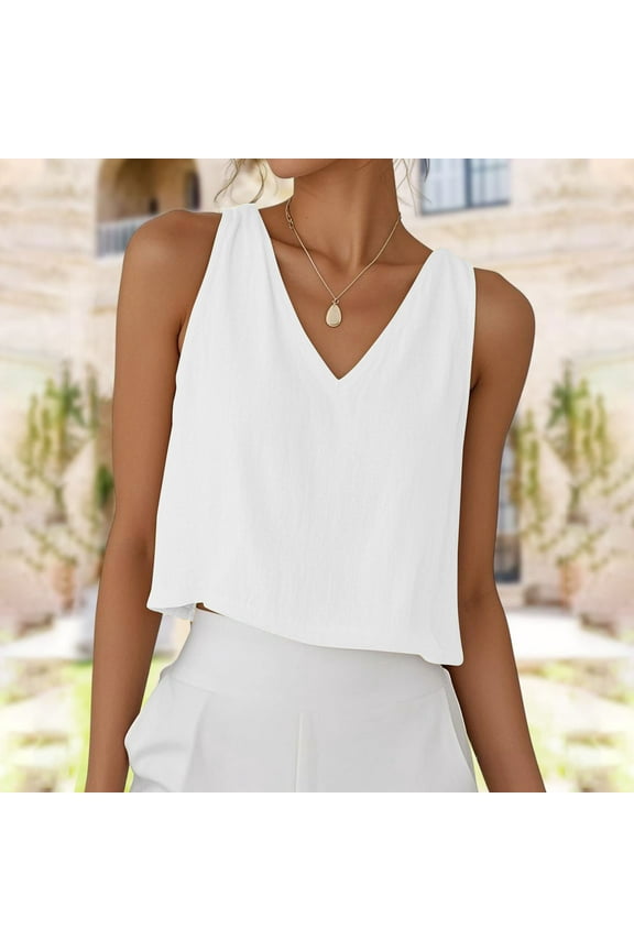 Womens V Neck Cropped Linen Tank Tops Spring Summer Sleeveless Shirts