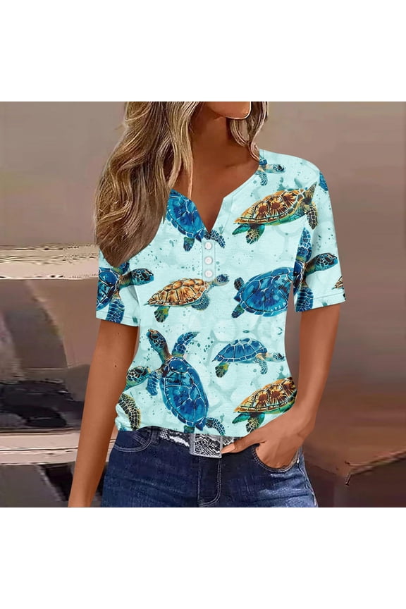 Womens V Neck Henley T-Shirt with Vibrant Sea Turtle Print Short Sleeve Button Detail Casual Loose Fit Summer Top