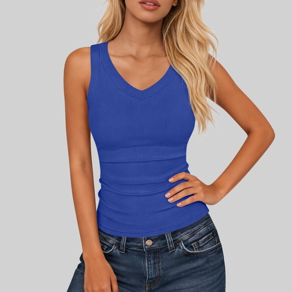 Karight Womens V Neck Ribbed Tank Top Sleeveless Slim Fit Basic Cami Top Stretchy Casual Layering Top