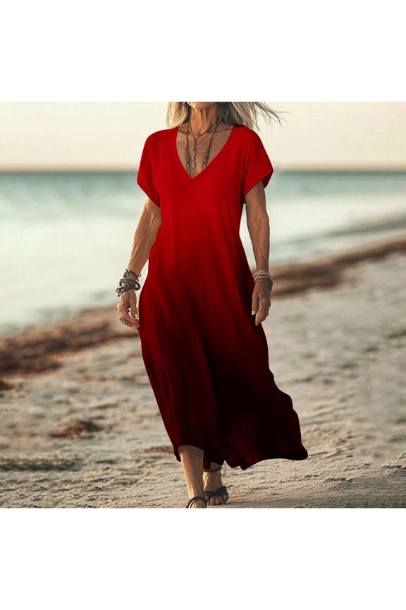 Womens V-Neck Short Sleeve Ombre Maxi Dress, Loose Fit Flowy Beach Dress for Summer