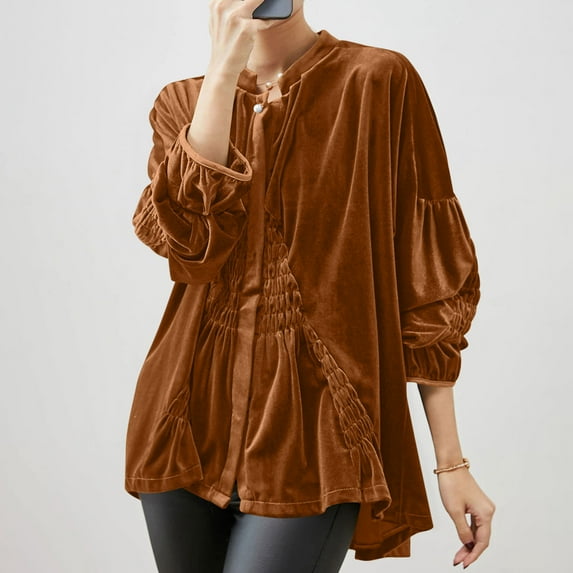 Karight Womens Velvet Blouse Dressy 3/4 Sleeve Stand Collar Shirts Elegant Oversized Pullover Casual Loose Fit Tops with Bead