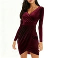thumbnail image 1 of Karight Womens Velvet Dress Elegant Wrap V Neck Long Sleeve Midi Dress Split Ruched Bodycon Holiday Party Cocktail Dresses, 1 of 2