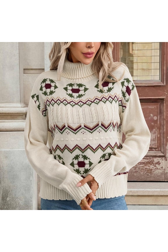 Womens Vintage Fair Isle Sweater Long Sleeve Chunky Knitted Pullover Tops Boho Argyle Western Fall Winter Clothes