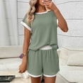 thumbnail image 1 of Karight Womens Waffle Knit Two Piece Set Short Sleeve Crew Neck Contrast Trim Loungewear Shorts Set with Pockets, 1 of 1