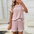 thumbnail image 1 of Karight Womens Waffle Knit Two Piece Set Short Sleeve Crew Neck Contrast Trim Loungewear Shorts Set with Pockets, 1 of 1