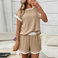thumbnail image 1 of Karight Womens Waffle Knit Two Piece Set Short Sleeve Crew Neck Contrast Trim Loungewear Shorts Set with Pockets, 1 of 1