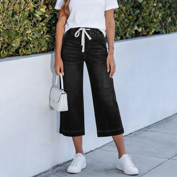 Karight Womens Washed Denim Wide Leg Crop Pants Drawstring Elastic Waist Cuffed Hem Casual Cropped Jeans