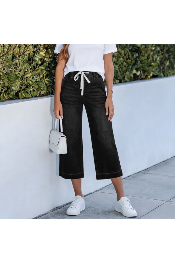 Womens Washed Denim Wide Leg Crop Pants Drawstring Elastic Waist Cuffed Hem Casual Cropped Jeans