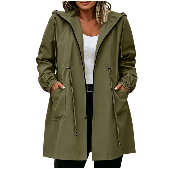 Karight Womens Waterproof Hooded Raincoat Long Sleeve Zip Up Drawstring Waist Adjustable Cuffs Mid Length Windproof Trench Jacket with Pockets