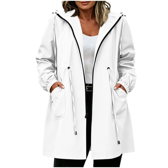 Karight Womens Waterproof Hooded Raincoat Long Sleeve Zip Up Drawstring Waist Adjustable Cuffs Mid Length Windproof Trench Jacket with Pockets