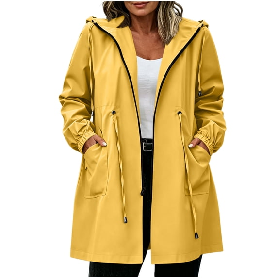 Karight Womens Waterproof Hooded Raincoat Long Sleeve Zip Up Drawstring Waist Adjustable Cuffs Mid Length Windproof Trench Jacket with Pockets