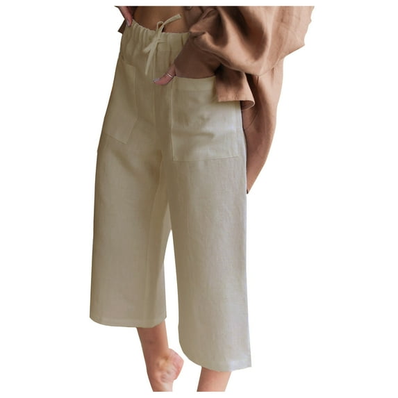 Karight Womens Wide Leg Barrel Pants Casual Baggy Elastic Waist Linen Ankle Length Trouser with Pockets Khaki
